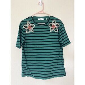 Sandro Paris Striped Floral Cutout Embellished Top Designer Size Small Preppy